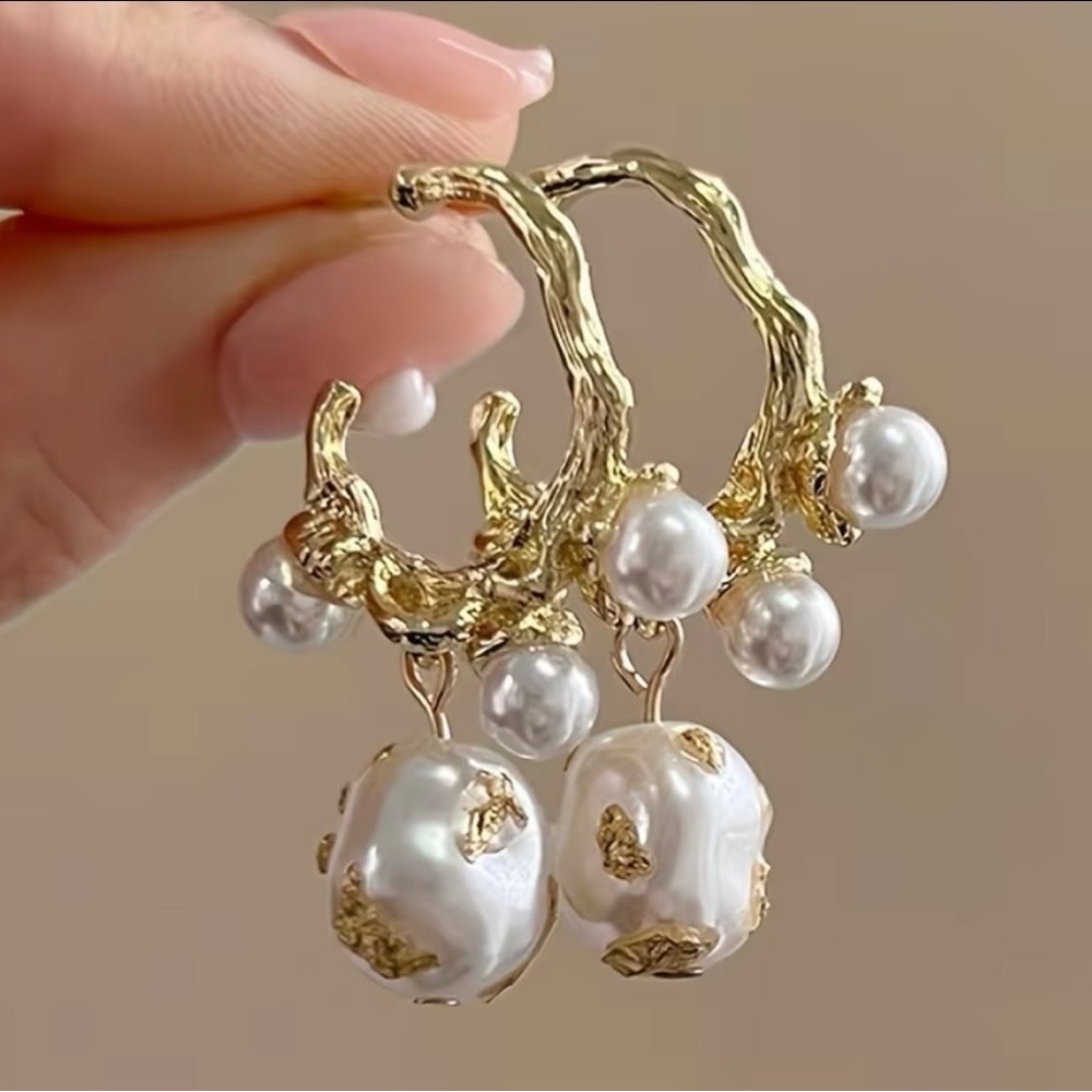Gold and Pearl Cluster Hoop Earrings